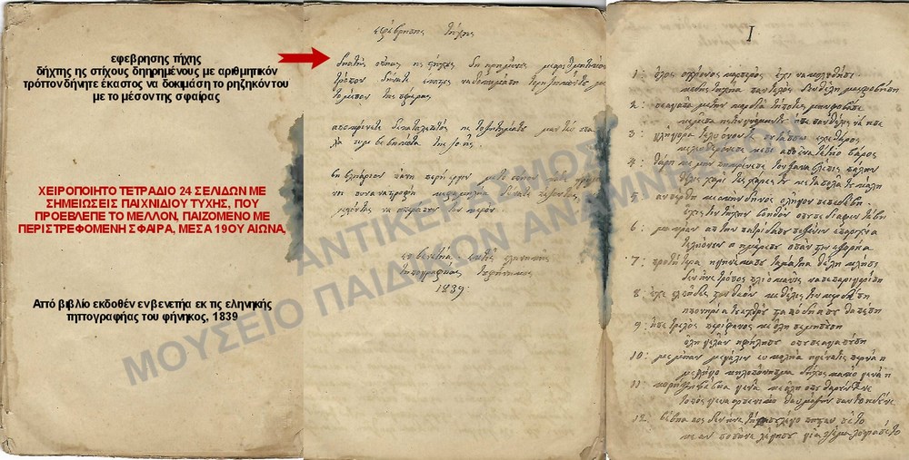ΧΕΙΡΟΠΟΙΗΤΟ ΤΕΤΡΑΔΙΟ 24 ΣΕΛΙΔΩΝ ΜΕ ΣΗΜΕΙΩΣΕΙΣ ΠΑΙΧΝΙΔΙΟΥ ΤΥΧΗΣ ΠΟΥ ΠΡΟΕΒΛΕΠΕ ΤΟ ΜΕΛΛΟΝ, ΠΑΙΖΟΜΕΝΟ ΜΕ ΠΕΡΙΣΤΡΕΦΟΜΕΝΗ ΣΦΑΙΡΑ, ΜΕΣΑ 19ΟΥ ΑΙΩΝΑ  