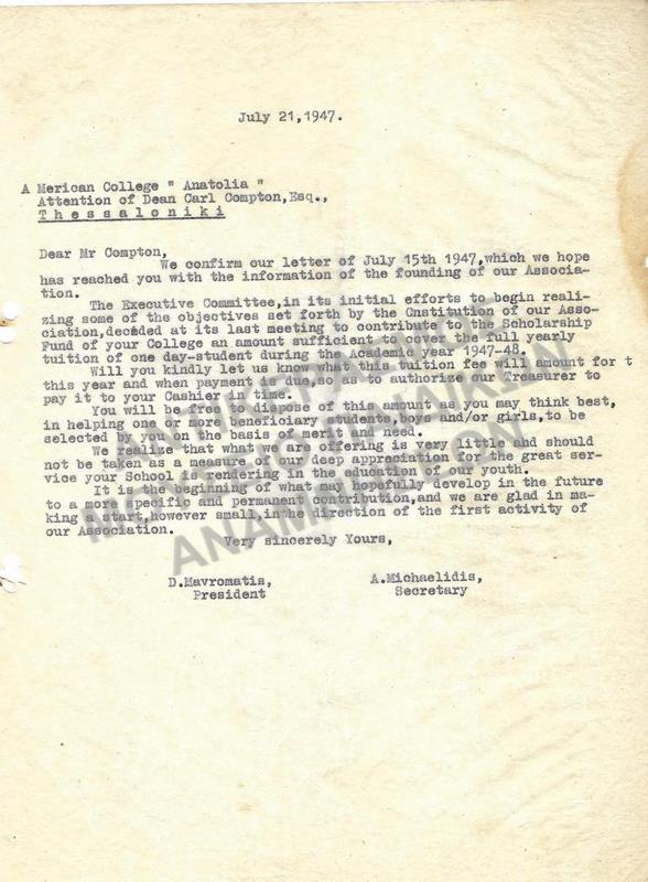 ΕΠΙΣΤΟΛΗ ROBERT COLLEGE, ΠΡΟΣ ΤΟ AMERICAN COLLEGE, 1947