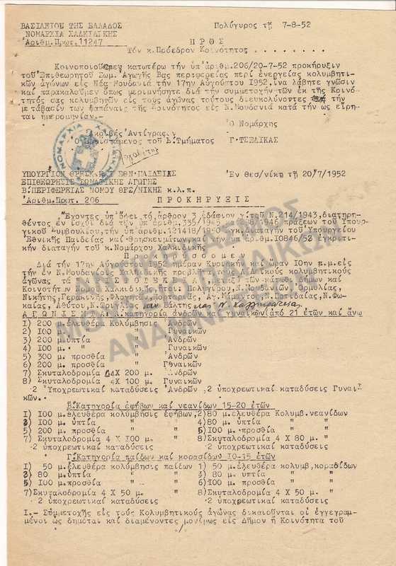 ΕΠΙΣΤΟΛΗ ΠΡΟΣ ΠΡΟΕΔΡΟ ΚΟΙΝΟΤΗΤΟΣ ΠΡΟΚΗΡΥΞΗ Α΄ ΛΑΪΚΩΝ ΚΟΙΝΟΤΙΚΩΝ ΚΟΛΥΜΒΗΤΙΚΩΝ ΑΓΩΝΩΝ ΤΑ ΄ΑΡΙΣΤΟΤΕΛΕΙΑ΄ 1952