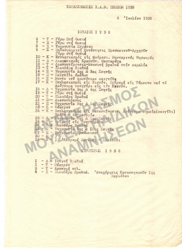 ΨΥΧΑΓΩΓΙΚΟ ΠΡΟΓΡΑΜΜΑ ΙΟΥΛΙΟΥ- ΑΥΓΟΥΣΤΟΥ, 1938, ΚΑΤΑΣΚΗΝΩΣΗ Χ.Α.Ν. ΠΗΛΙΟΥ