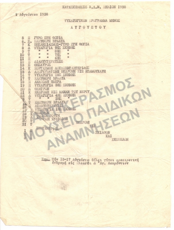 ΨΥΧΑΓΩΓΙΚΟ ΠΡΟΓΡΑΜΜΑ ΑΥΓΟΥΣΤΟΥ 1938, ΚΑΤΑΣΚΗΝΩΣΗ Χ.Α.Ν. ΠΗΛΙΟΥ