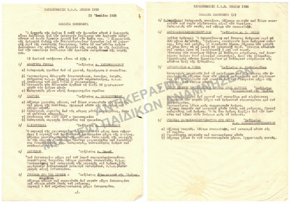 ΕΝΤΥΠΟ ΜΕ ΤΑ ΟΜΑΔΙΚΑ ΚΑΘΗΚΟΝΤΑ , ΚΑΤΑΣΚΗΝΩΣΗ Χ.Α.Ν. ΠΗΛΙΟΥ,  1938