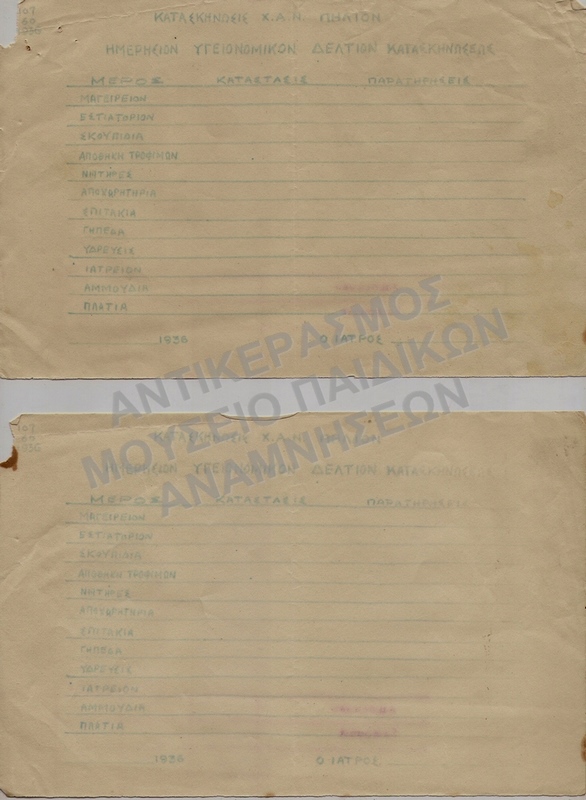 ΗΜΕΡΗΣΙΑ ΥΓΕΙΟΝΟΜΙΚΑ ΔΕΛΤΙΑ ΚΑΤΑΣΚΗΝΩΣΗΣ Χ.Α.Ν. ΠΗΛΙΟΥ 1936, ΑΧΡΗΣΙΜΟΠΟΙΗΤΑ