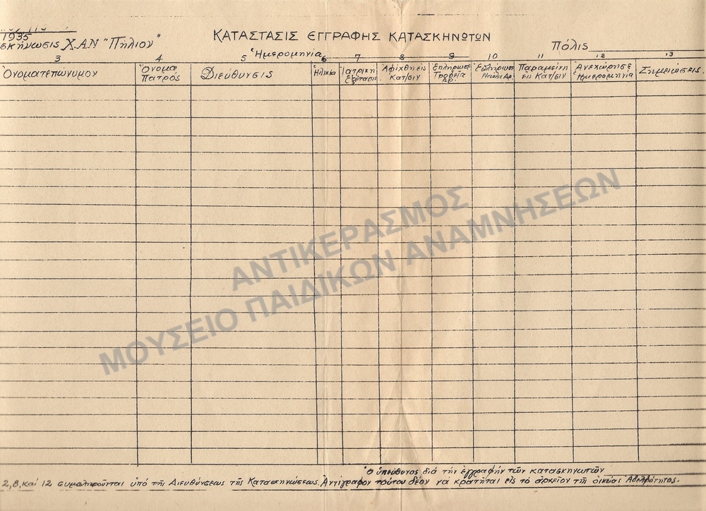 ΚΑΤΑΣΤΑΣΗ ΕΓΓΡΑΦΗΣ ΚΑΤΑΣΚΗΝΩΤΟΥ, ΚΑΤΑΣΚΗΝΩΣΗ Χ.Α.Ν. ΠΗΛΙΟΥ 1935