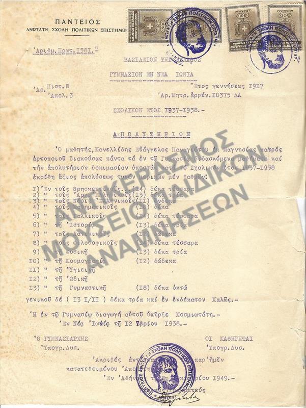 ΑΚΡΙΒΕΣ ΑΝΤΙΓΡΑΦΟ ΑΠΟΛΥΤΗΡΙΟΥ ΓΥΜΝΑΣΙΟΥ ΕΝ ΝΕΑ ΙΩΝΙΑ, 1949