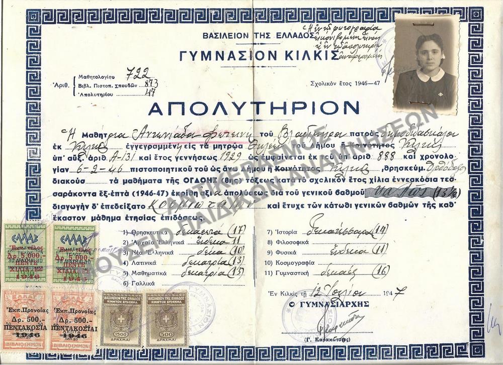ΑΠΟΛΥΤΗΡΙΟΝ ΓΥΜΝΑΣΙΟΥ ΚΙΛΚΙΣ, 1947