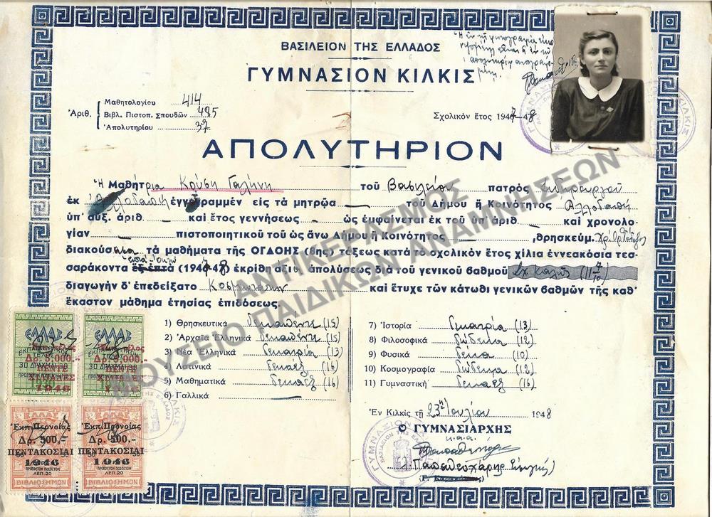 ΑΠΟΛΥΤΗΡΙΟΝ ΓΥΜΝΑΣΙΟΥ ΚΙΛΚΙΣ, 1948