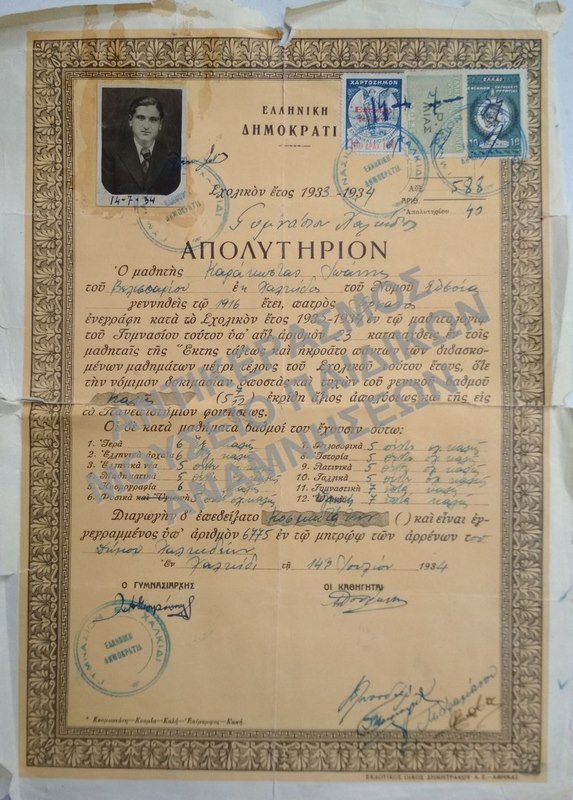 ΑΠΟΛΥΤΗΡΙΟΝ ΓΥΜΝΑΣΙΟΥ ΧΑΛΚΙΔΟΣ, 1934