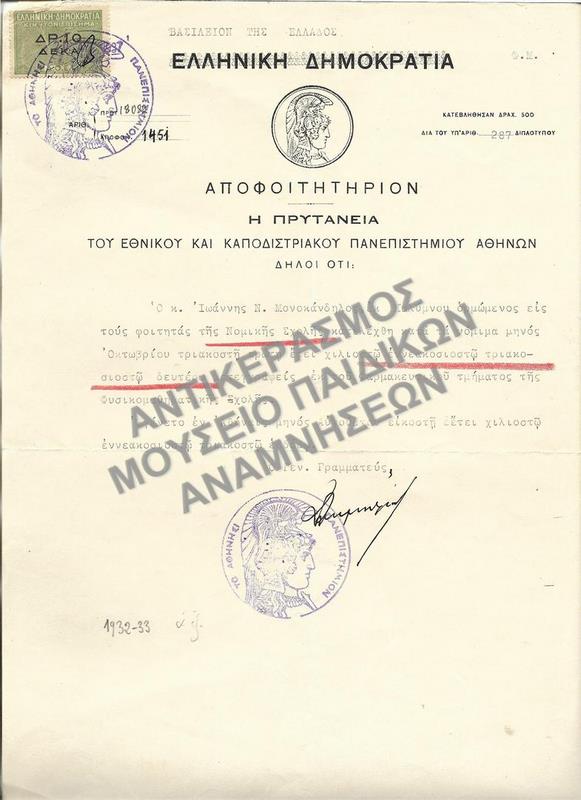 ΑΠΟΦΟΙΤΗΡΙΟ ΦΟΙΤΗΤΟΥ ΤΟΥ ΦΑΡΜΑΚΕΥΤΙΚΟΥ ΤΜΗΜΑΤΟΣ ΤΗΣ ΦΥΣΙΚΟΜΑΘΗΜΑΤΙΚΗΣ ΣΧΟΛΗΣ ΠΑΝΕΠΙΣΤΗΜΙΟΥ ΑΘΗΝΩΝ, 1932-1933