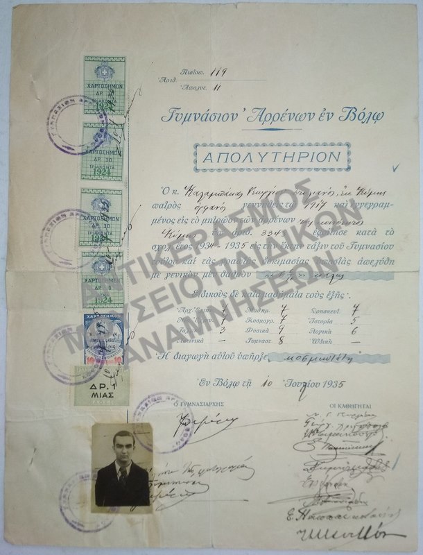 ΑΠΟΛΥΤΗΡΙΟΝ ΓΥΜΝΑΣΙΟΥ ΑΡΡΕΝΩΝ ΒΟΛΟΥ, 1935