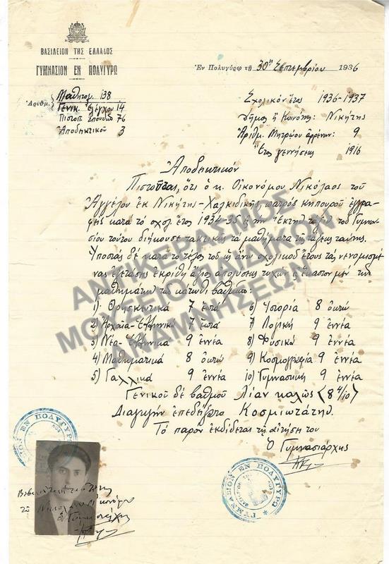 ΑΠΟΔΕΙΚΤΙΚΟΝ ΓΥΜΝΑΣΙΟΥ ΠΟΛΥΓΥΡΟΥ, 1936