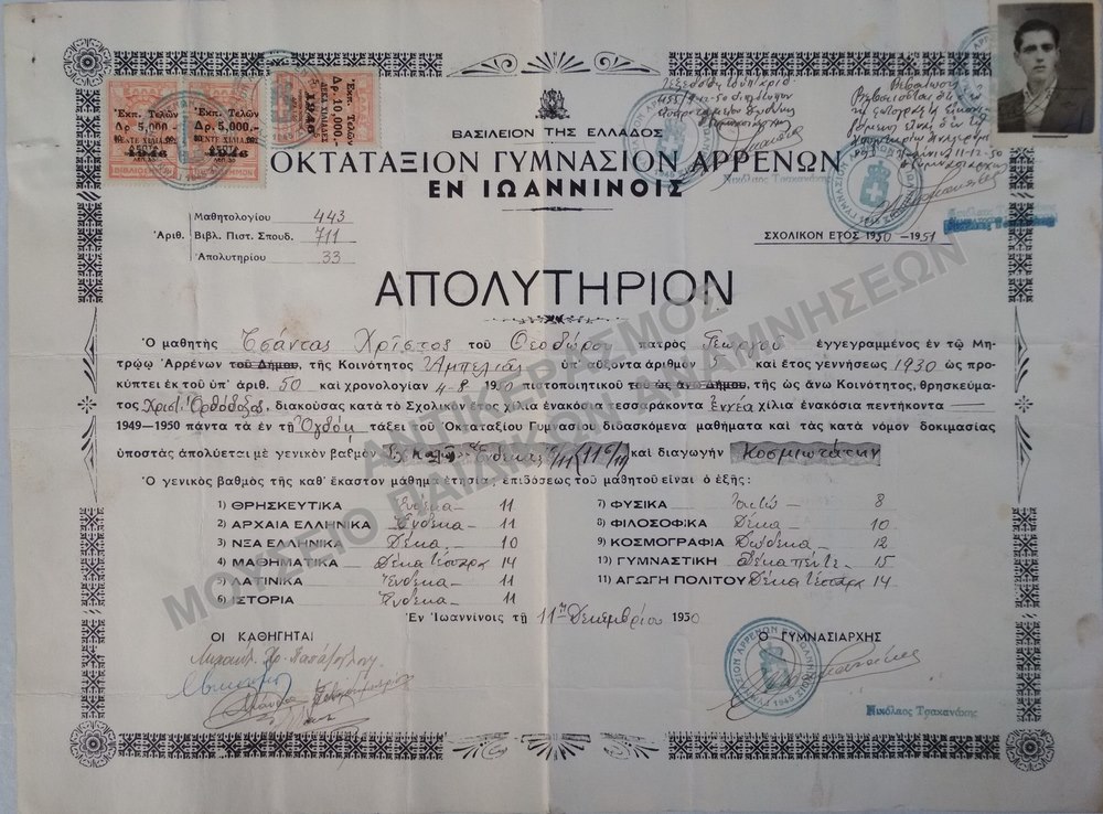 ΑΠΟΛΥΤΗΡΙΟΝ ΟΚΤΑΤΑΞΙΟΥ ΓΥΜΝΑΣΙΟΥ ΑΡΡΕΝΩΝ ΙΩΑΝΝΙΝΩΝ, 1950 