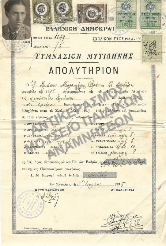 ΑΠΟΛΥΤΗΡΙΟΝ ΓΥΜΝΑΣΙΟΥ ΜΥΤΙΛΗΝΗΣ, 1936