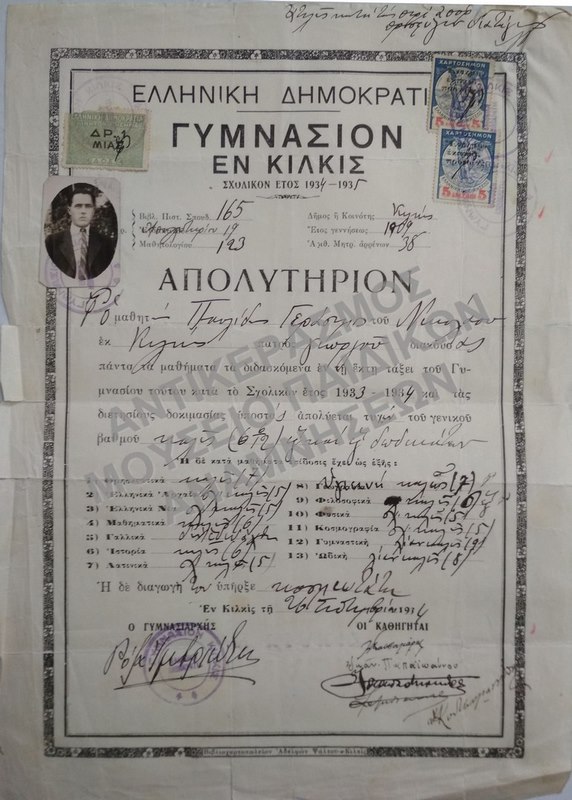 ΑΠΟΛΥΤΗΡΙΟΝ ΓΥΜΝΑΣΙΟΥ ΕΝ ΚΙΛΚΙΣ, 1934