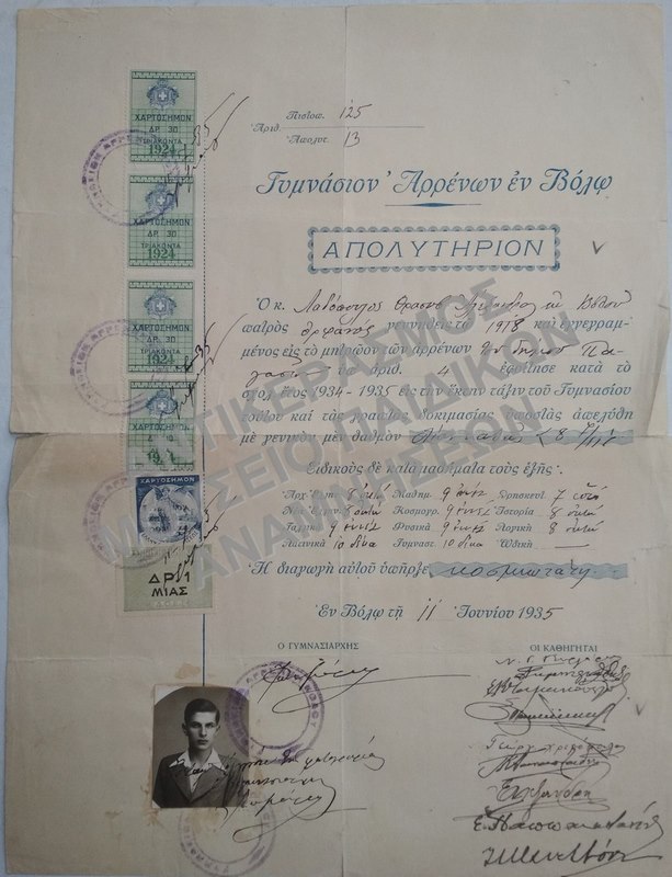 ΑΠΟΛΥΤΗΡΙΟΝ ΓΥΜΝΑΣΙΟΥ ΑΡΡΕΝΩΝ ΒΟΛΟΥ, 1935