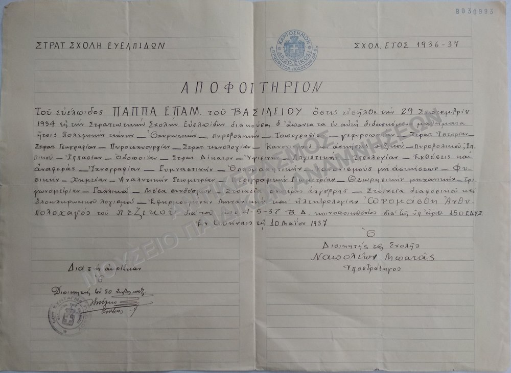 ΑΠΟΦΟΙΤΗΡΙΟΝ ΣΤΡΑΤΙΩΤΙΚΗΣ ΣΧΟΛΗΣ ΕΥΕΛΠΙΔΩΝ, 1937