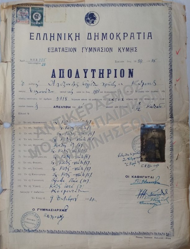 ΑΠΟΛΥΤΗΡΙΟΝ ΕΞΑΤΑΞΙΟΥ ΓΥΜΝΑΣΙΟΥ ΚΥΜΗΣ, 1934