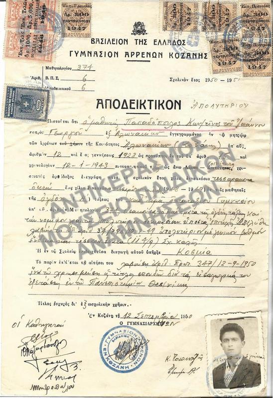 ΑΠΟΔΕΙΚΤΙΚΟΝ ΓΥΜΝΑΣΙΟΥ ΑΡΡΕΝΩΝ ΚΟΖΑΝΗΣ, 1950