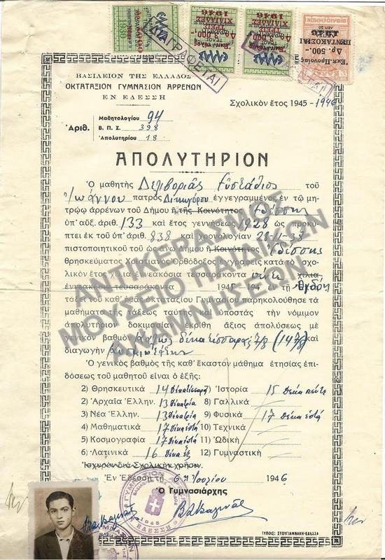 ΑΠΟΛΥΤΗΡΙΟΝ ΟΚΤΑΤΑΞΙΟΥ ΓΥΜΝΑΣΙΟΥ ΑΡΡΕΝΩΝ ΕΝ ΕΔΕΣΣΗ, 1946