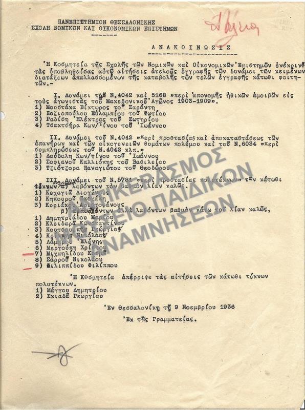 1936-ΑΝΑΚΟΙΝΩΣΗ ΣΧΕΤΙΚΑ ΜΕ ΕΓΚΡΙΣΗ ΚΑΙ ΑΠΟΡΡΙΨΗ ΑΙΤΗΣΕΩΝ ΑΤΕΛΟΥΣ ΕΓΓΡΑΦΗΣ- ΑΤΕΛΕΙΕΣ ΜΑΚΕΔΟΝΟΜΑΧΩΝ, ΘΥΜΑΤΩΝ ΠΟΛΕΜΟΥ, ΠΟΛΥΤΕΚΝΩΝ, ΑΡΙΣΤΟΥΧΩΝ