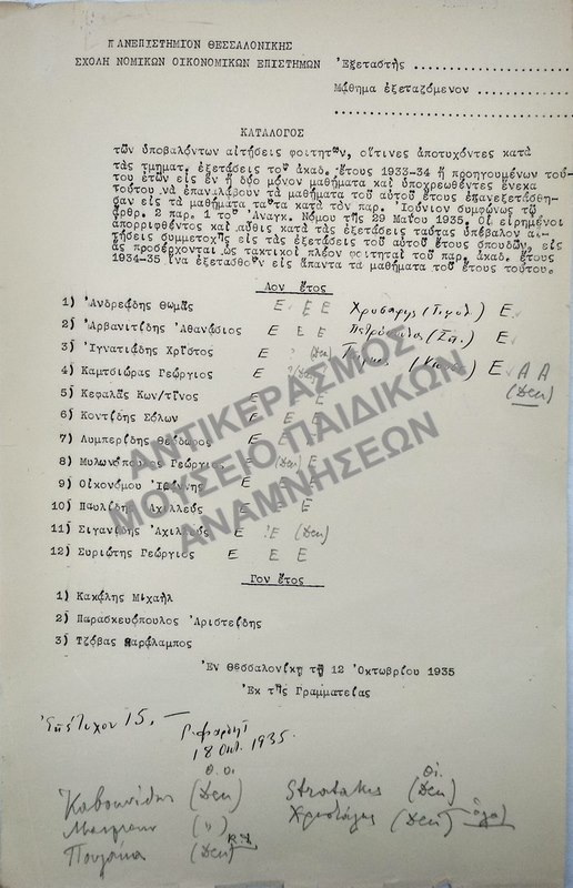 ΚΑΤΑΛΟΓΟΣ ΤΩΝ ΥΠΟΒΑΛΟΝΤΩΝ ΑΙΤΗΣΕΙΣ ΦΟΙΤΗΤΩΝ, ΟΙΤΙΝΕΣ ΑΠΟΤΥΧΟΝΤΕΣ ΕΙΣ ΤΑΣ ΤΜΗΜΑΤΙΚΑΣ ΕΞΕΤΑΣΕΙΣ ΤΟΥ ΑΚΑΔ. ΕΤΟΥΣ 1933-1934 Η΄ ΠΡΟΗΓΟΥΜΕΝΩΝ ΤΟΥΤΟΥ ΕΤΩΝ ΕΙΣ ΕΝ Η ΔΥΟ ΜΑΘΗΜΑΤΑ, 1935