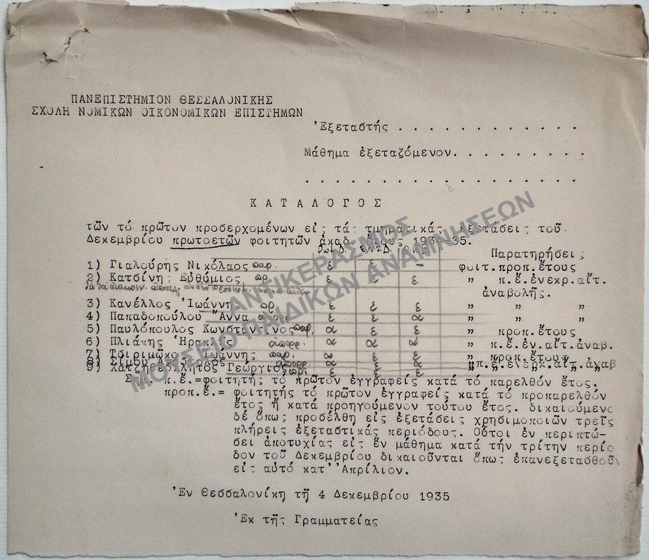 ΚΑΤΑΛΟΓΟΣ ΤΩΝ ΤΟ ΠΡΩΤΟΝ ΠΡΟΣΕΡΧΟΜΕΝΩΝ ΕΙΣ ΤΑΣ ΤΜΗΜΑΤΙΚΑΣ ΕΞΕΤΑΣΕΙΣ ΤΟΥ ΔΕΚΕΜΒΡΙΟΝ ΑΕΤΩΝ ΦΟΙΤΗΤΩΝ, 1935