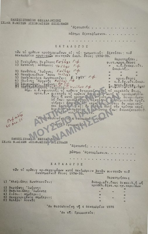 ΚΑΤΑΛΟΓΟΙ ΤΩΝ ΤΟ ΠΡΩΤΟΝ ΠΡΟΣΕΡΧΟΜΕΝΩΝ ΕΙΣ ΤΑΣ ΤΜΗΜΑΤΙΚΑΣ ΕΞΕΤΑΣΕΙΣ ΤΟΥ ΔΕΚΕΜΒΡΙΟΝ ΑΕΤΩΝ ΚΑΙ ΒΕΤΩΝ ΦΟΙΤΗΤΩΝ, 1935