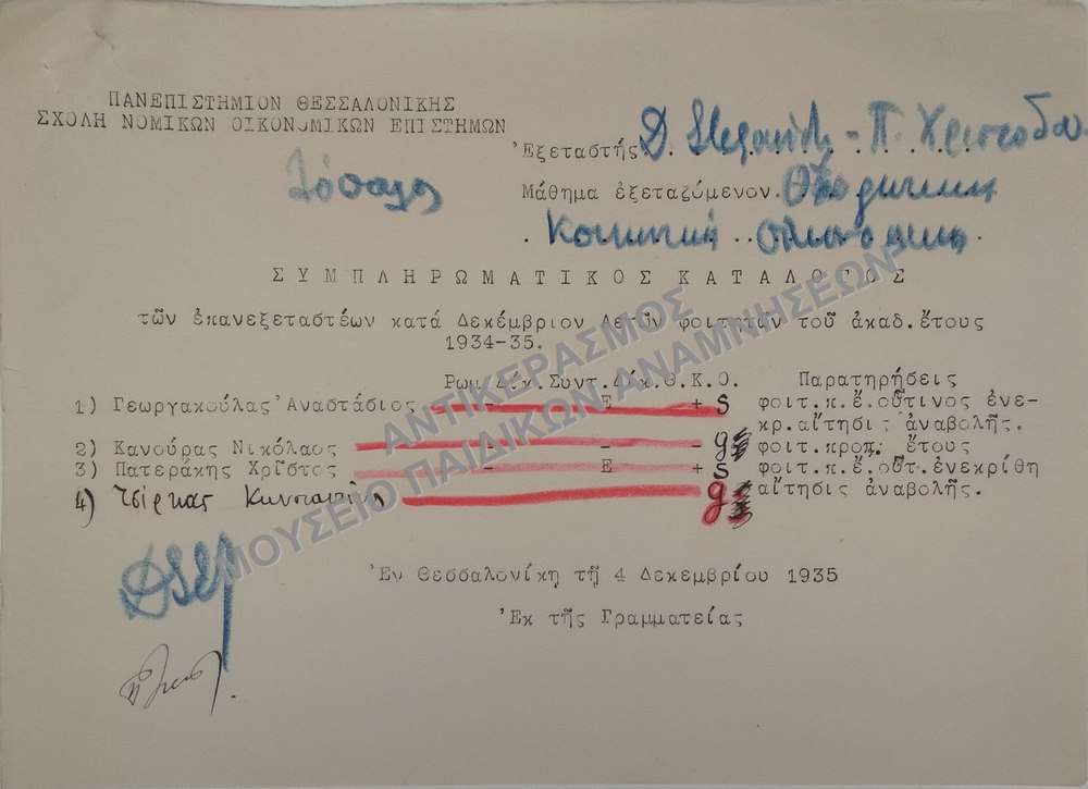 ΣΥΜΠΛΗΡΩΜΑΤΙΚΟΣ ΚΑΤΑΛΟΓΟΣ ΤΩΝ ΕΠΑΝΕΞΕΤΑΣΤΕΩΝ ΚΑΤΑ ΔΕΚΕΜΒΡΙΟΝ ΑΕΤΩ ΦΟΙΤΗΤΩΝ ΤΟΥ ΑΚΑΔ. ΕΤΟΥΣ 1934-1935