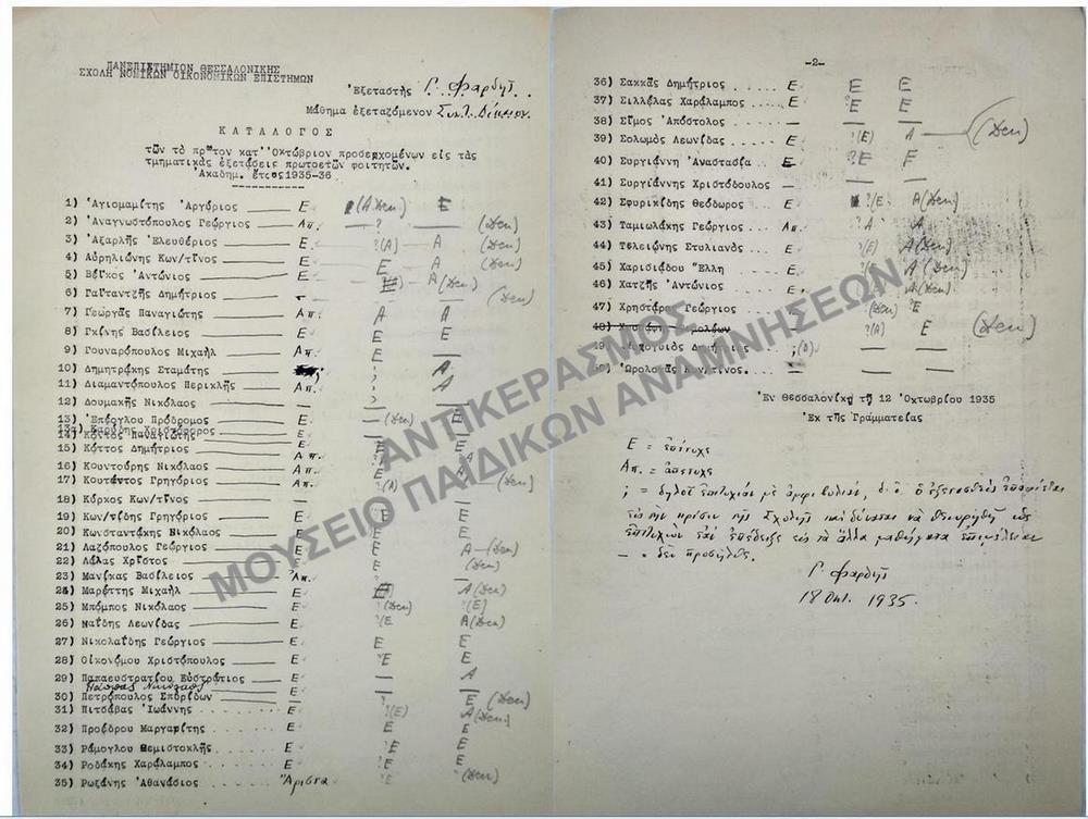 ΚΑΤΑΛΟΓΟΣ ΠΡΟΣΕΡΧΟΜΕΝΩΝ ΕΙΣ ΤΑΣ ΤΜΗΜΑΤΙΚΕΣ ΕΞΕΤΑΣΕΙΣ ΠΡΩΤΟΕΤΩΝ ΦΟΙΤΗΤΩΝ, 1935-1936