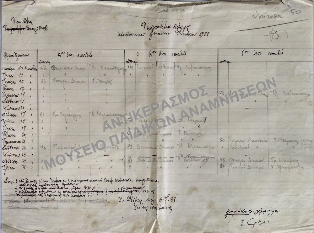 ΠΡΟΓΡΑΜΜΑ ΤΜΗΜΑΤΙΚΩΝ ΕΞΕΤΑΣΕΩΝ ΟΚΤΩΒΡΙΟΥ  1938